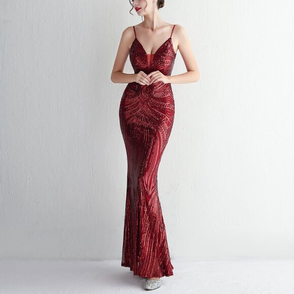 Glamorous Red Sequin Mermaid Gown /Old Hollywood Formal Dress - Picture 1 of 7